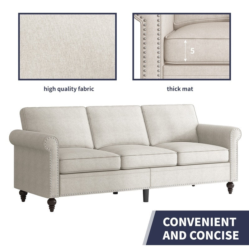 Canapé 3 places Mixoy W76'' en lin doux moderne avec motif rivet pour salon