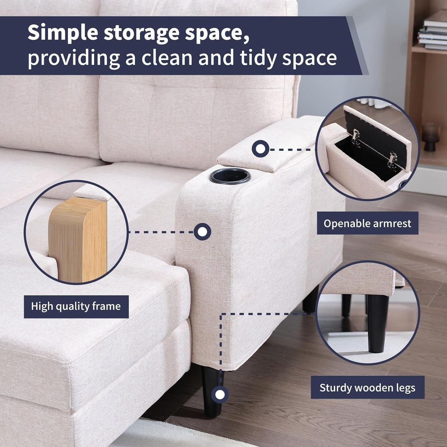 Canapé-lit sectionnel gigogne Mixoy, canapé convertible avec rangement, porte-gobelets, canapé-lit réversible