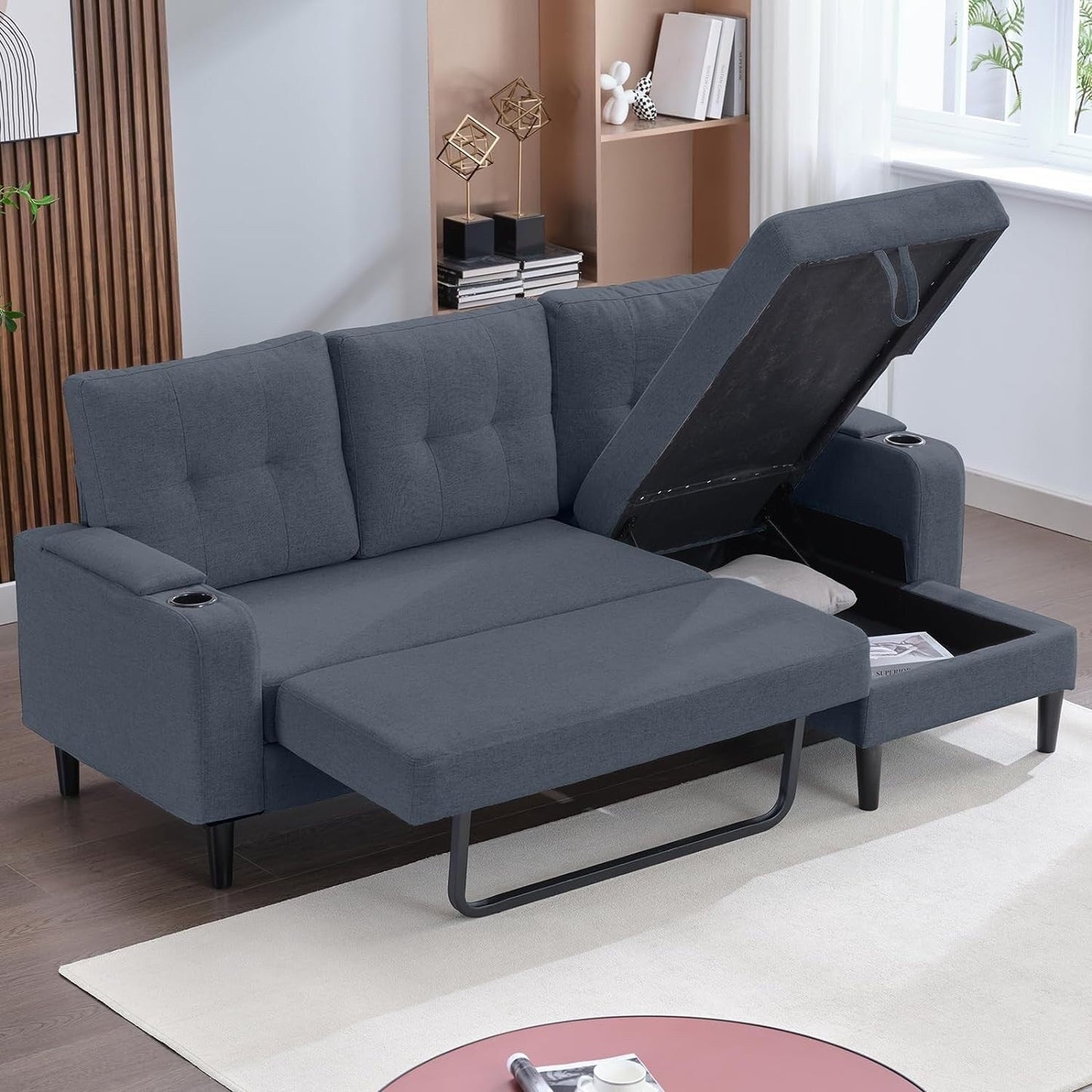 Canapé-lit sectionnel gigogne Mixoy, canapé convertible avec rangement, porte-gobelets, canapé-lit réversible