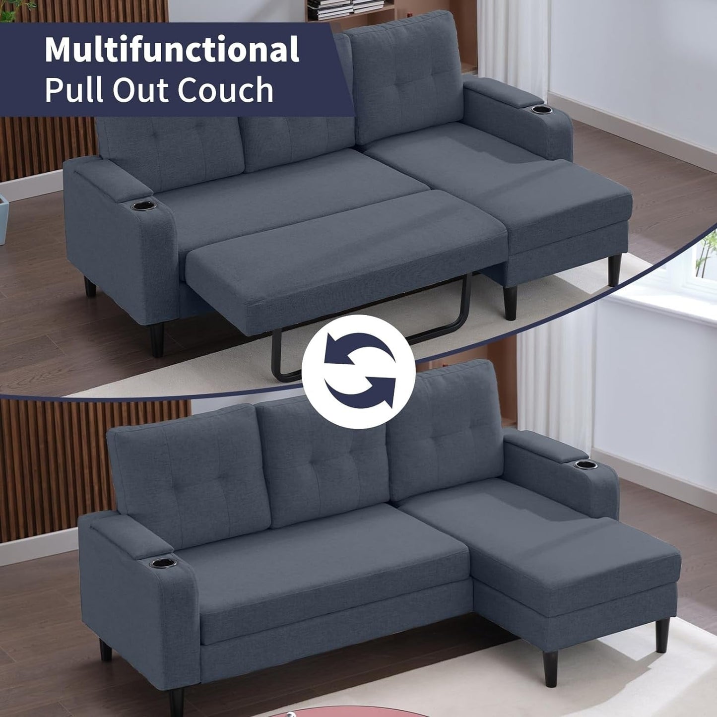 Canapé-lit sectionnel gigogne Mixoy, canapé convertible avec rangement, porte-gobelets, canapé-lit réversible