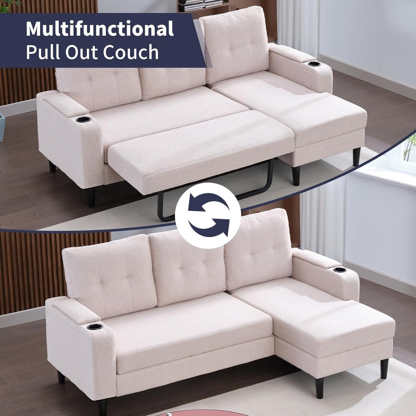 Canapé-lit sectionnel gigogne Mixoy, canapé convertible avec rangement, porte-gobelets, canapé-lit réversible