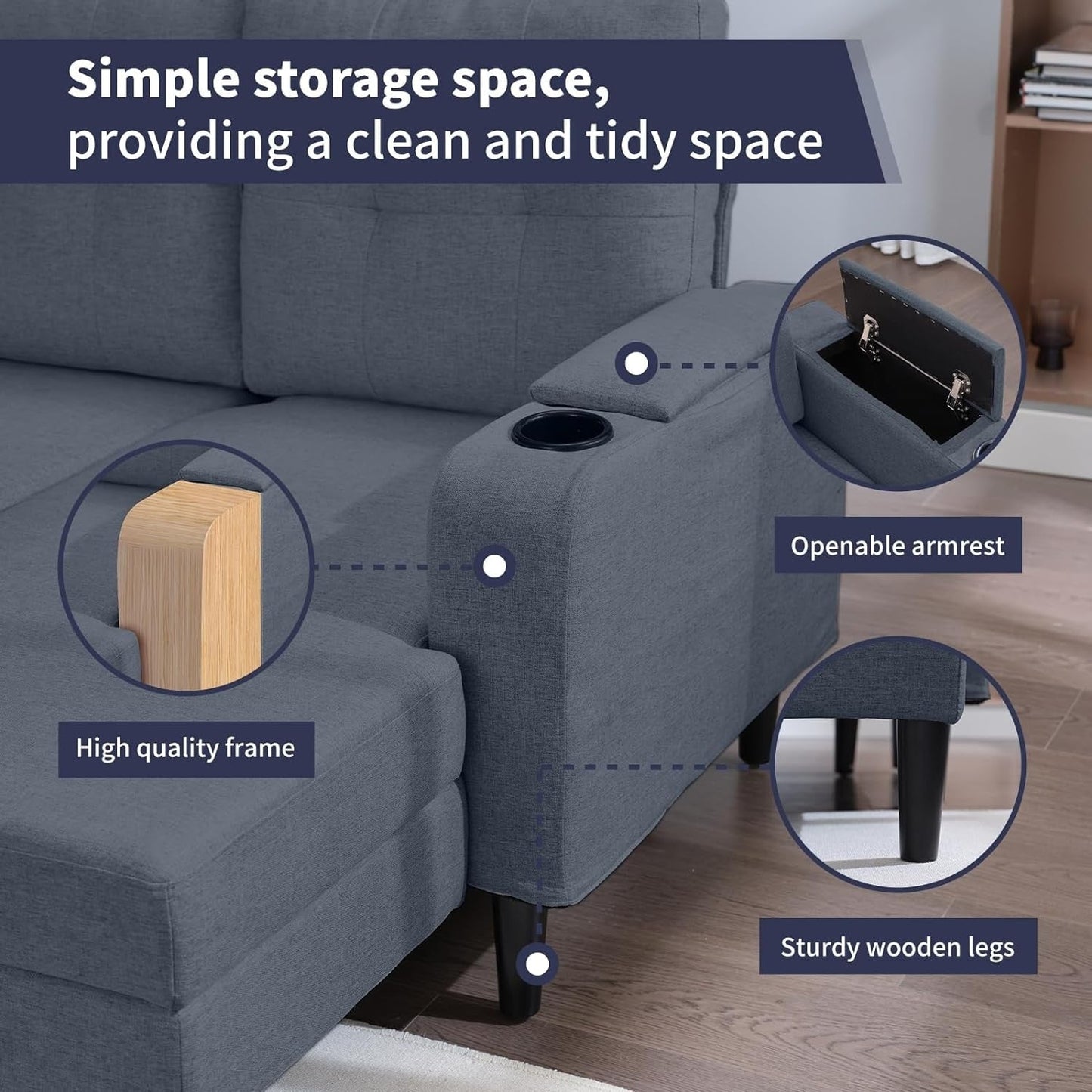 Canapé-lit sectionnel gigogne Mixoy, canapé convertible avec rangement, porte-gobelets, canapé-lit réversible