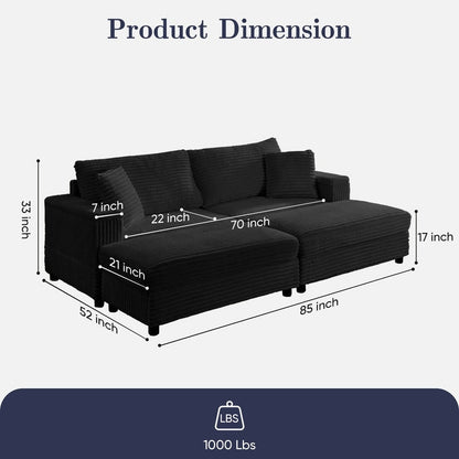 Chaise longue Mixoy 85'' en velours côtelé avec pouf de rangement et accoudoirs, fauteuil inclinable rembourré 2 places pour l'intérieur