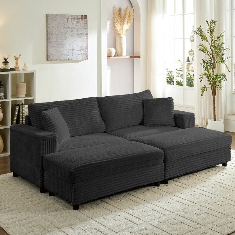 Chaise longue Mixoy 85'' en velours côtelé avec pouf de rangement et accoudoirs, fauteuil inclinable rembourré 2 places pour l'intérieur