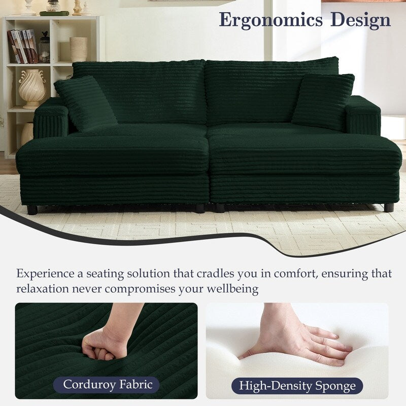 Chaise longue Mixoy 85'' en velours côtelé avec pouf de rangement et accoudoirs, fauteuil inclinable rembourré 2 places pour l'intérieur