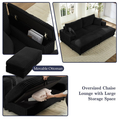 Chaise longue Mixoy 85'' en velours côtelé avec pouf de rangement et accoudoirs, fauteuil inclinable rembourré 2 places pour l'intérieur