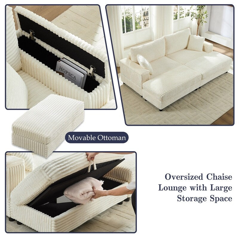 Chaise longue Mixoy 85'' en velours côtelé avec pouf de rangement et accoudoirs, fauteuil inclinable rembourré 2 places pour l'intérieur