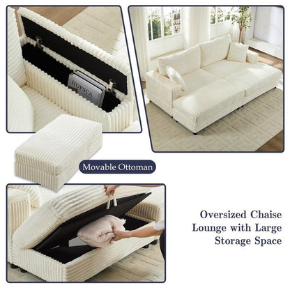 Chaise longue Mixoy 85'' en velours côtelé avec pouf de rangement et accoudoirs, fauteuil inclinable rembourré 2 places pour l'intérieur