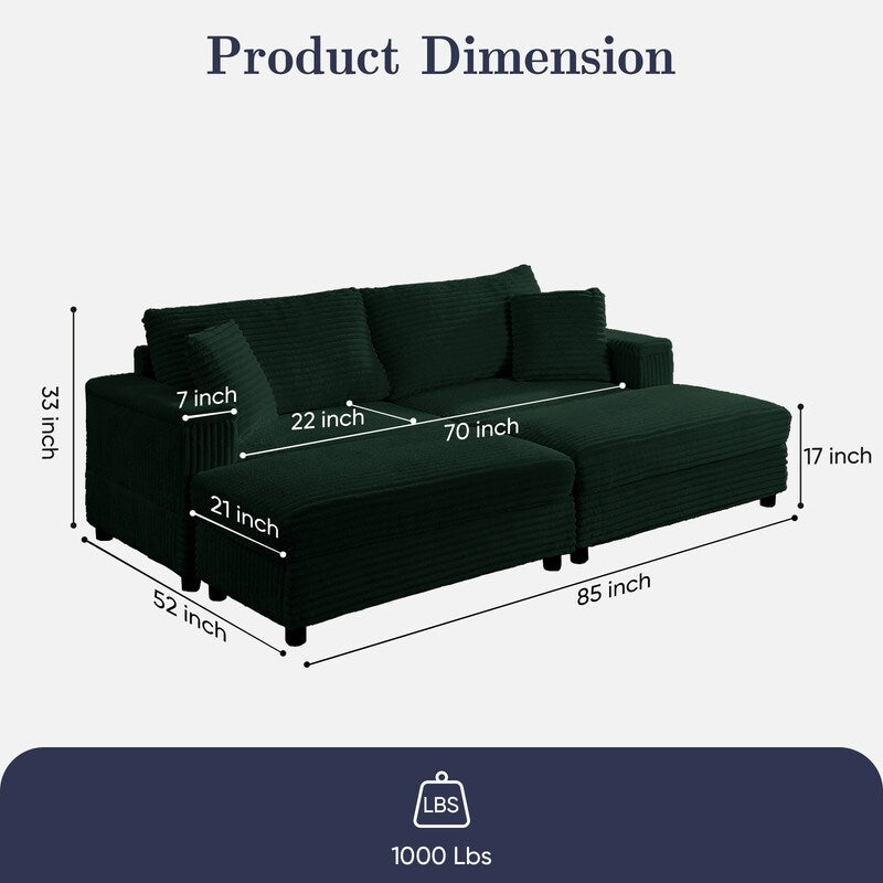 Chaise longue Mixoy 85'' en velours côtelé avec pouf de rangement et accoudoirs, fauteuil inclinable rembourré 2 places pour l'intérieur
