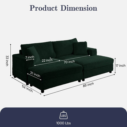 Chaise longue Mixoy 85'' en velours côtelé avec pouf de rangement et accoudoirs, fauteuil inclinable rembourré 2 places pour l'intérieur