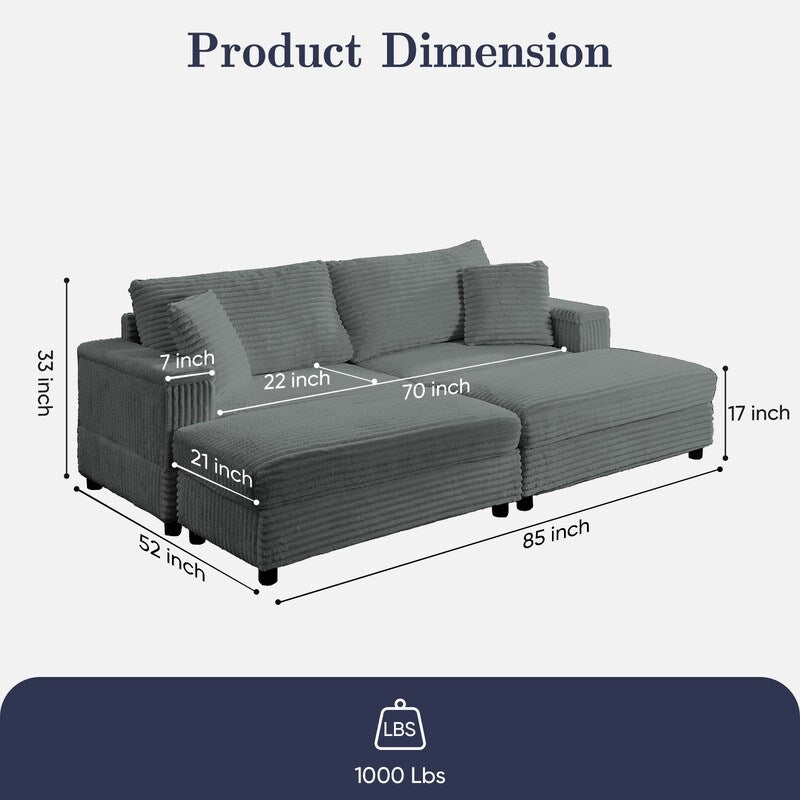 Chaise longue Mixoy 85'' en velours côtelé avec pouf de rangement et accoudoirs, fauteuil inclinable rembourré 2 places pour l'intérieur