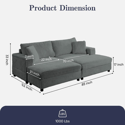Chaise longue Mixoy 85'' en velours côtelé avec pouf de rangement et accoudoirs, fauteuil inclinable rembourré 2 places pour l'intérieur