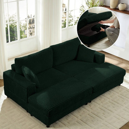 Chaise longue Mixoy 85'' en velours côtelé avec pouf de rangement et accoudoirs, fauteuil inclinable rembourré 2 places pour l'intérieur