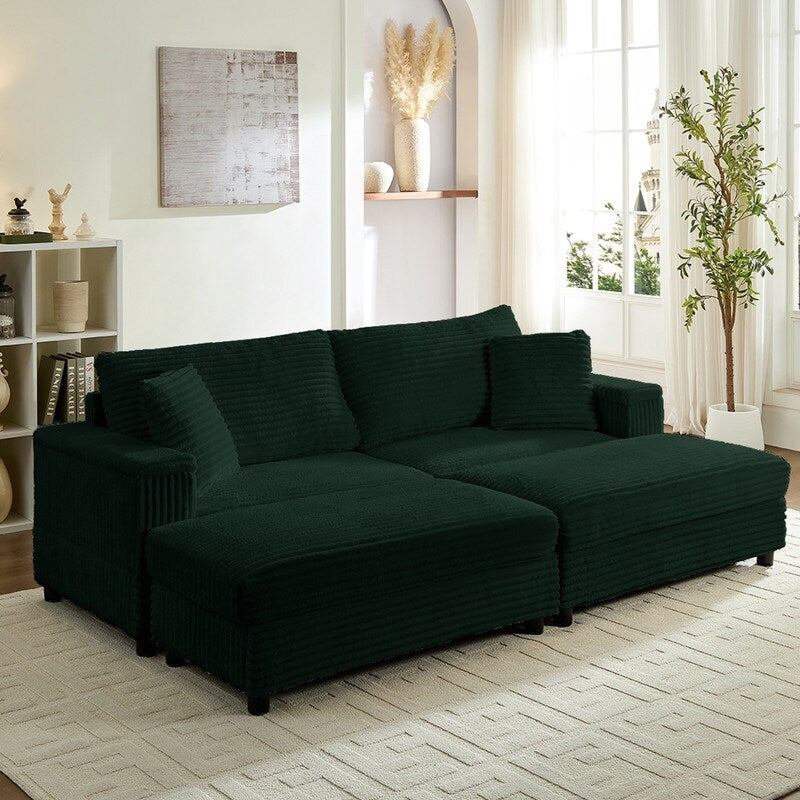 Chaise longue Mixoy 85'' en velours côtelé avec pouf de rangement et accoudoirs, fauteuil inclinable rembourré 2 places pour l'intérieur
