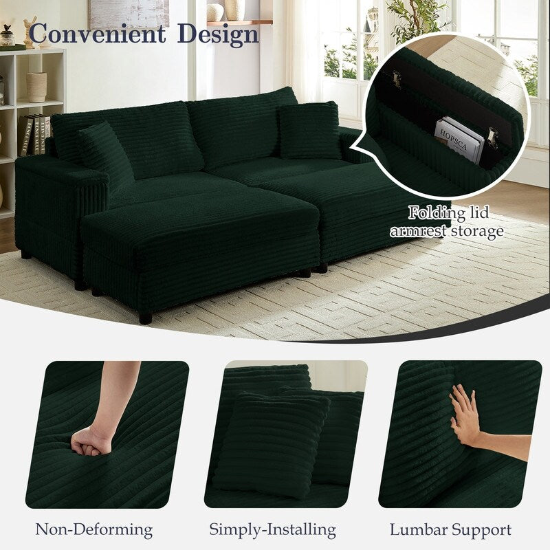 Chaise longue Mixoy 85'' en velours côtelé avec pouf de rangement et accoudoirs, fauteuil inclinable rembourré 2 places pour l'intérieur