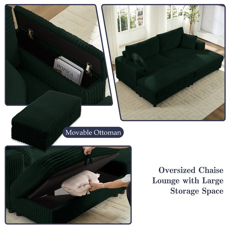 Chaise longue Mixoy 85'' en velours côtelé avec pouf de rangement et accoudoirs, fauteuil inclinable rembourré 2 places pour l'intérieur