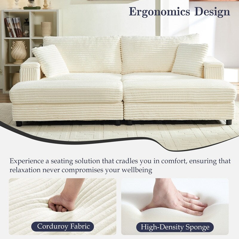 Chaise longue Mixoy 85'' en velours côtelé avec pouf de rangement et accoudoirs, fauteuil inclinable rembourré 2 places pour l'intérieur