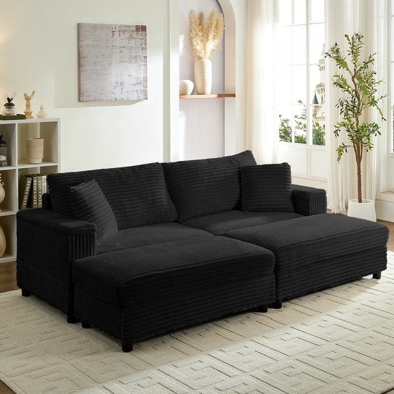 Chaise longue Mixoy 85'' en velours côtelé avec pouf de rangement et accoudoirs, fauteuil inclinable rembourré 2 places pour l'intérieur