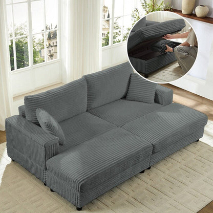 Chaise longue Mixoy 85'' en velours côtelé avec pouf de rangement et accoudoirs, fauteuil inclinable rembourré 2 places pour l'intérieur