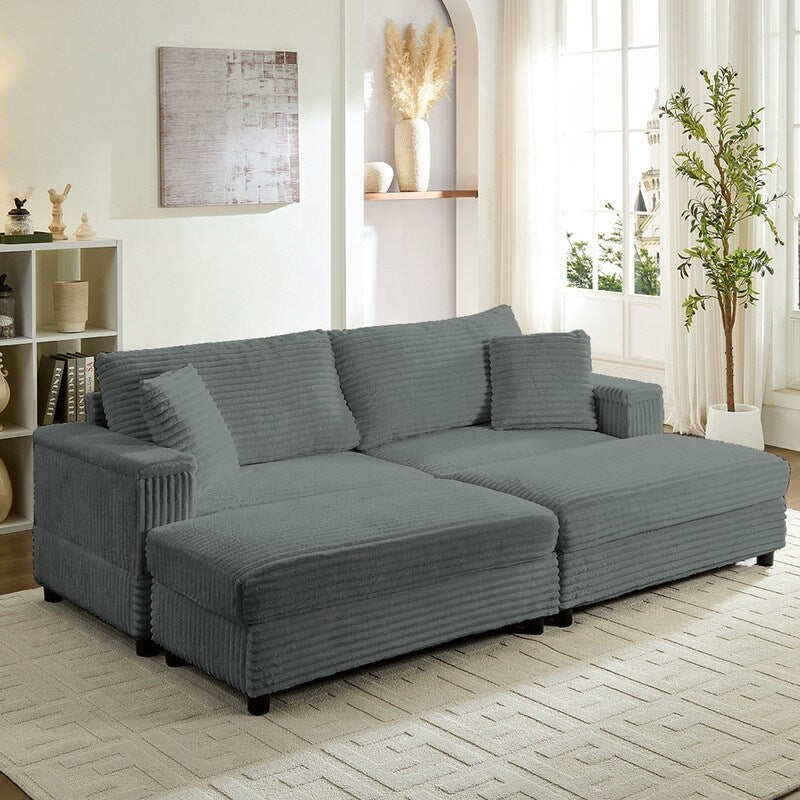Chaise longue Mixoy 85'' en velours côtelé avec pouf de rangement et accoudoirs, fauteuil inclinable rembourré 2 places pour l'intérieur