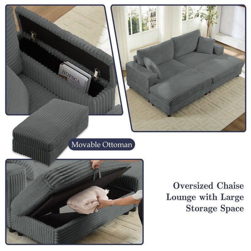 Chaise longue Mixoy 85'' en velours côtelé avec pouf de rangement et accoudoirs, fauteuil inclinable rembourré 2 places pour l'intérieur