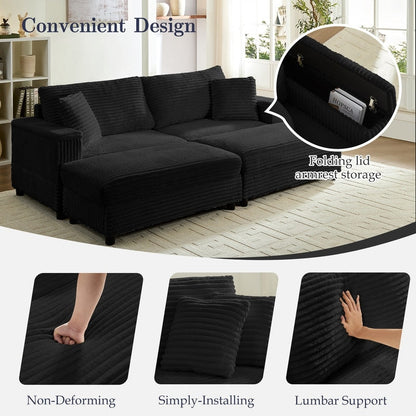 Chaise longue Mixoy 85'' en velours côtelé avec pouf de rangement et accoudoirs, fauteuil inclinable rembourré 2 places pour l'intérieur