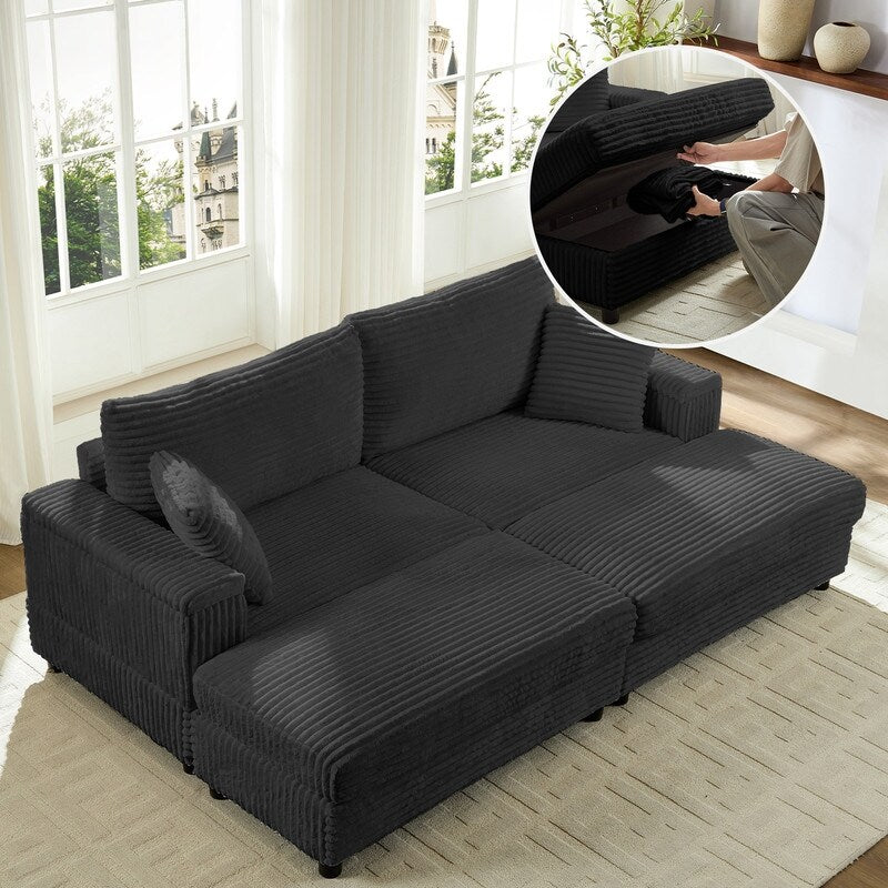 Chaise longue Mixoy 85'' en velours côtelé avec pouf de rangement et accoudoirs, fauteuil inclinable rembourré 2 places pour l'intérieur
