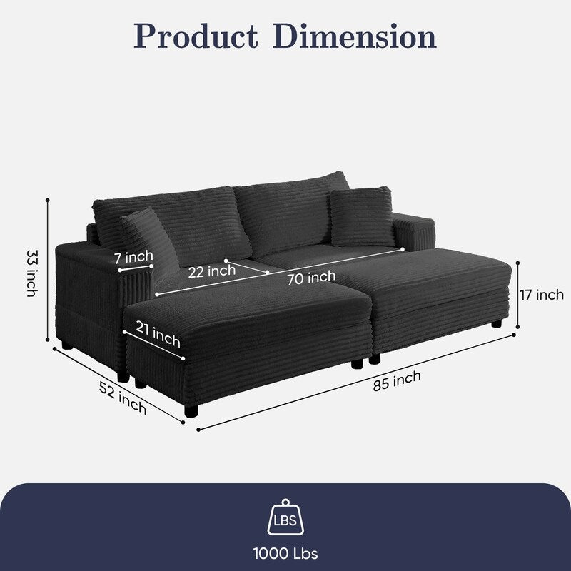 Chaise longue Mixoy 85'' en velours côtelé avec pouf de rangement et accoudoirs, fauteuil inclinable rembourré 2 places pour l'intérieur