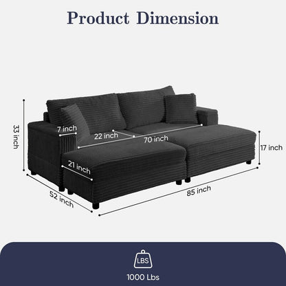 Chaise longue Mixoy 85'' en velours côtelé avec pouf de rangement et accoudoirs, fauteuil inclinable rembourré 2 places pour l'intérieur