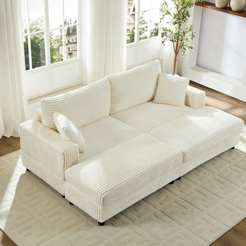 Chaise longue Mixoy 85'' en velours côtelé avec pouf de rangement et accoudoirs, fauteuil inclinable rembourré 2 places pour l'intérieur