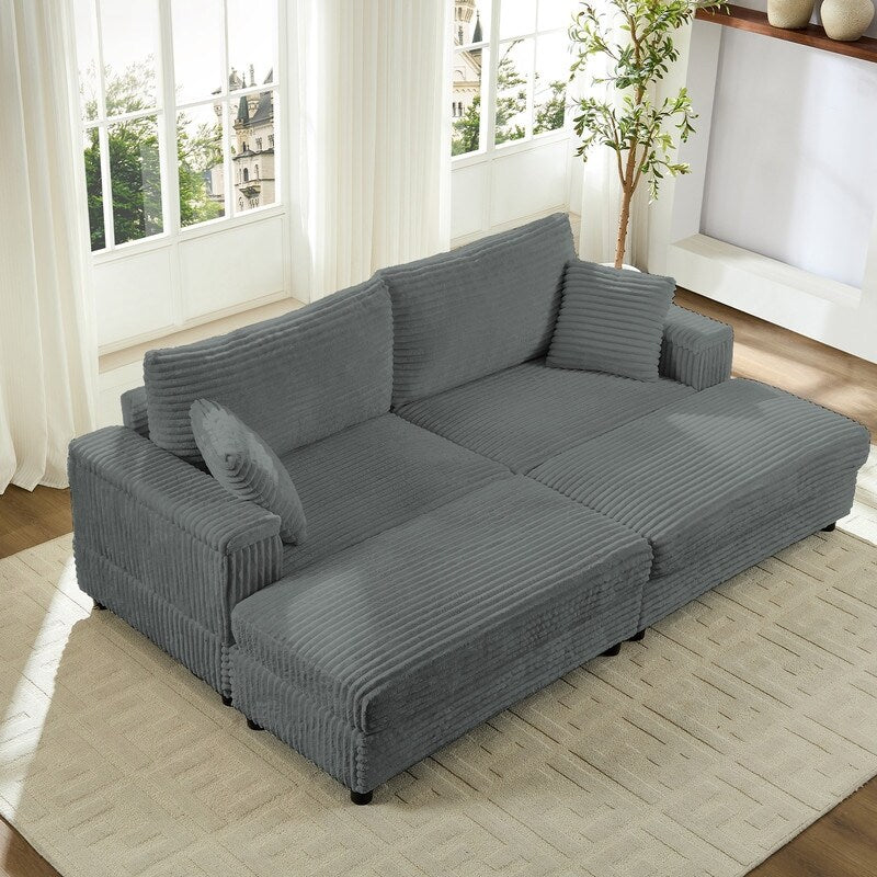 Chaise longue Mixoy 85'' en velours côtelé avec pouf de rangement et accoudoirs, fauteuil inclinable rembourré 2 places pour l'intérieur