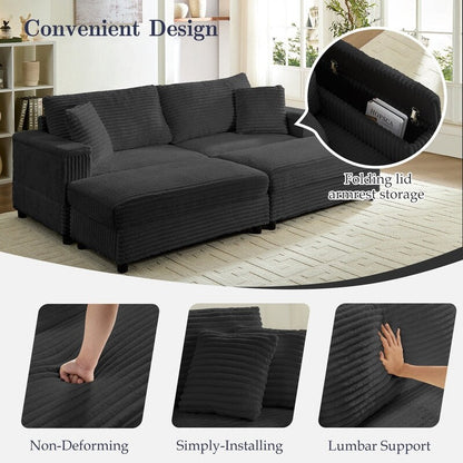 Chaise longue Mixoy 85'' en velours côtelé avec pouf de rangement et accoudoirs, fauteuil inclinable rembourré 2 places pour l'intérieur