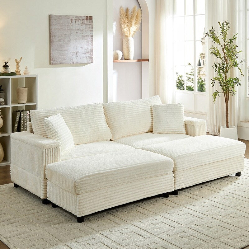 Chaise longue Mixoy 85'' en velours côtelé avec pouf de rangement et accoudoirs, fauteuil inclinable rembourré 2 places pour l'intérieur