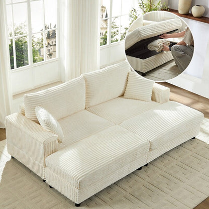 Chaise longue Mixoy 85'' en velours côtelé avec pouf de rangement et accoudoirs, fauteuil inclinable rembourré 2 places pour l'intérieur