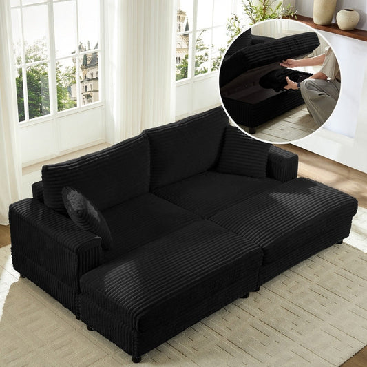 Chaise longue Mixoy 85'' en velours côtelé avec pouf de rangement et accoudoirs, fauteuil inclinable rembourré 2 places pour l'intérieur