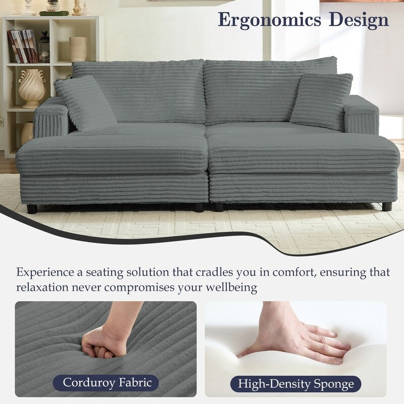 Chaise longue Mixoy 85'' en velours côtelé avec pouf de rangement et accoudoirs, fauteuil inclinable rembourré 2 places pour l'intérieur