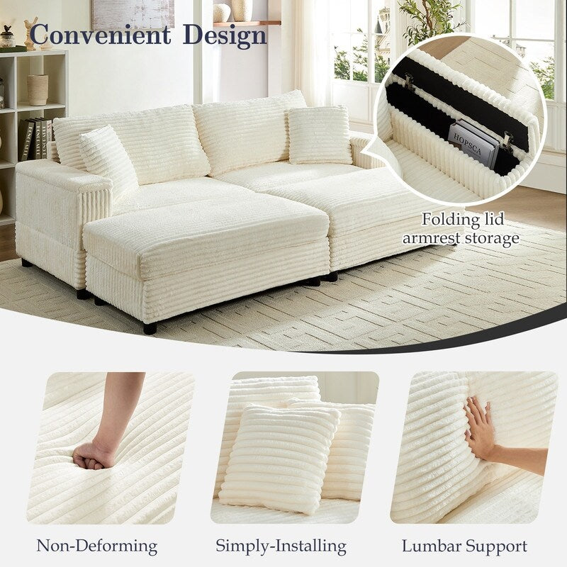 Chaise longue Mixoy 85'' en velours côtelé avec pouf de rangement et accoudoirs, fauteuil inclinable rembourré 2 places pour l'intérieur