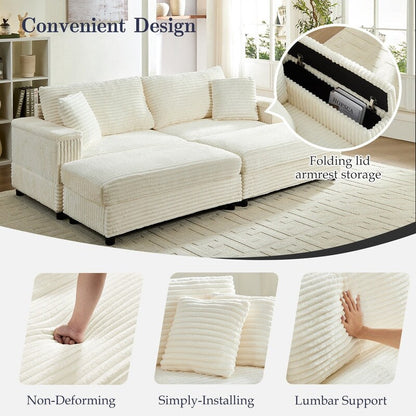 Chaise longue Mixoy 85'' en velours côtelé avec pouf de rangement et accoudoirs, fauteuil inclinable rembourré 2 places pour l'intérieur