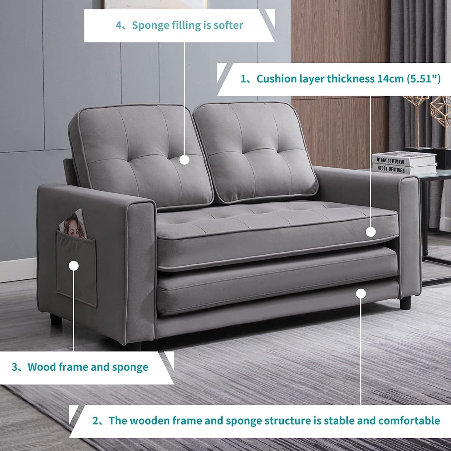 Canapé-lit gigogne 3 en 1 Mixoy moderne avec matelas pliable en trois parties