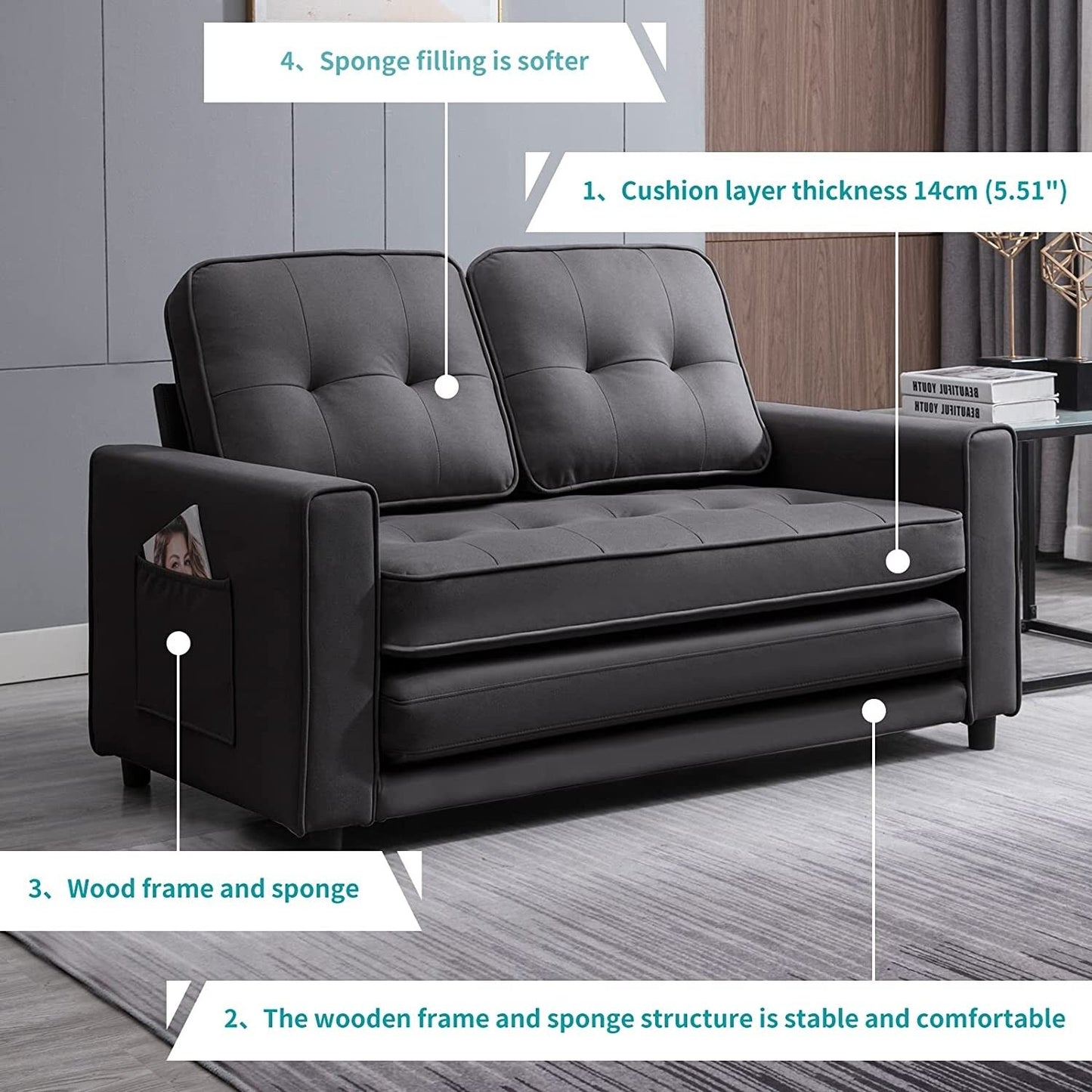 Canapé-lit gigogne 3 en 1 Mixoy moderne avec matelas pliable en trois parties