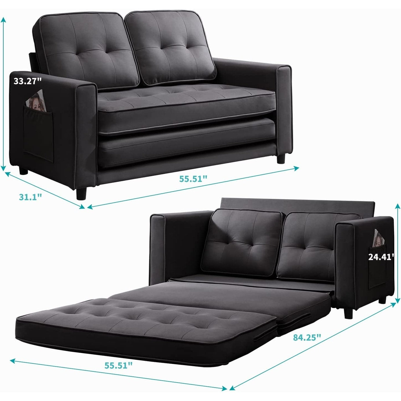 Canapé-lit gigogne 3 en 1 Mixoy moderne avec matelas pliable en trois parties