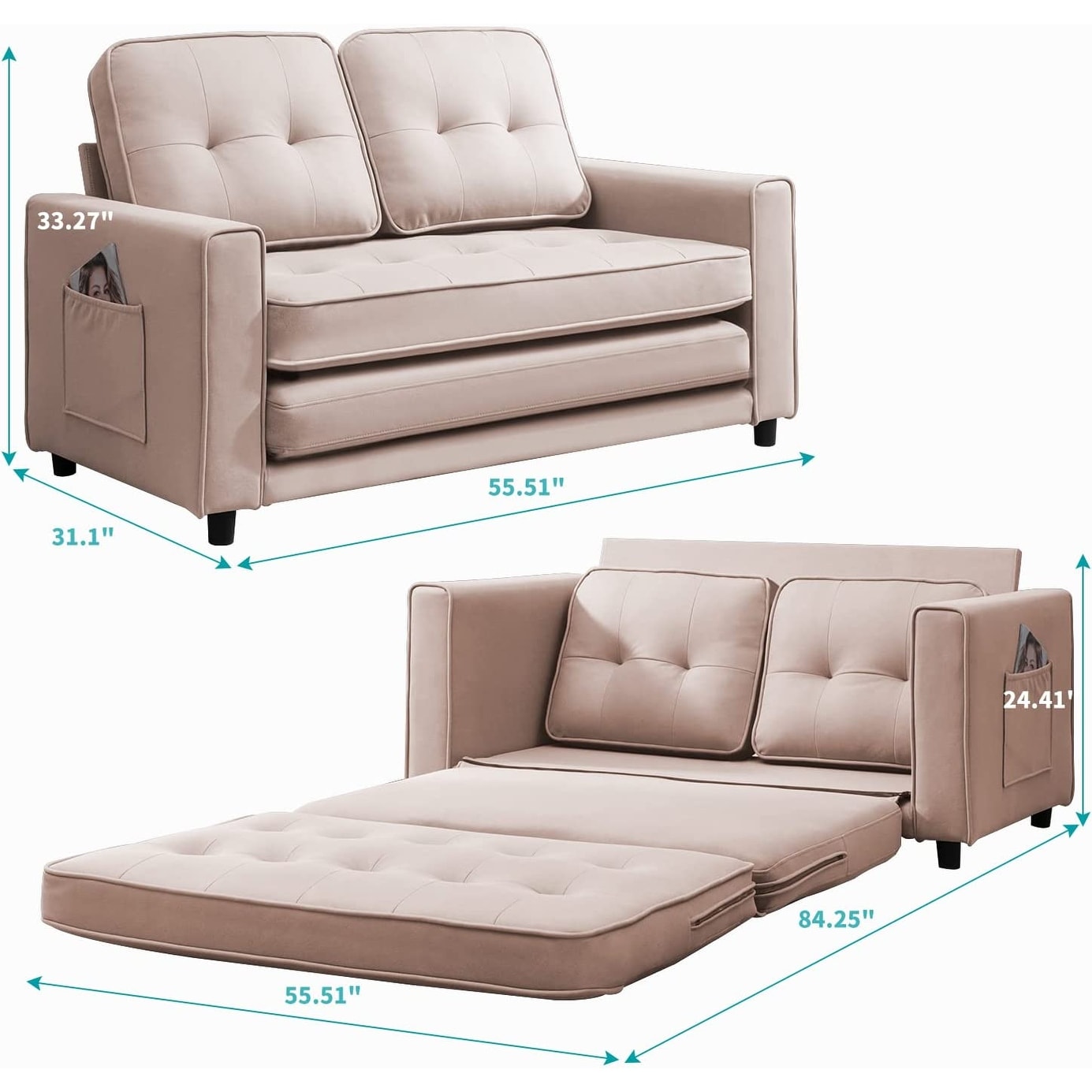 Canapé-lit gigogne 3 en 1 Mixoy moderne avec matelas pliable en trois parties