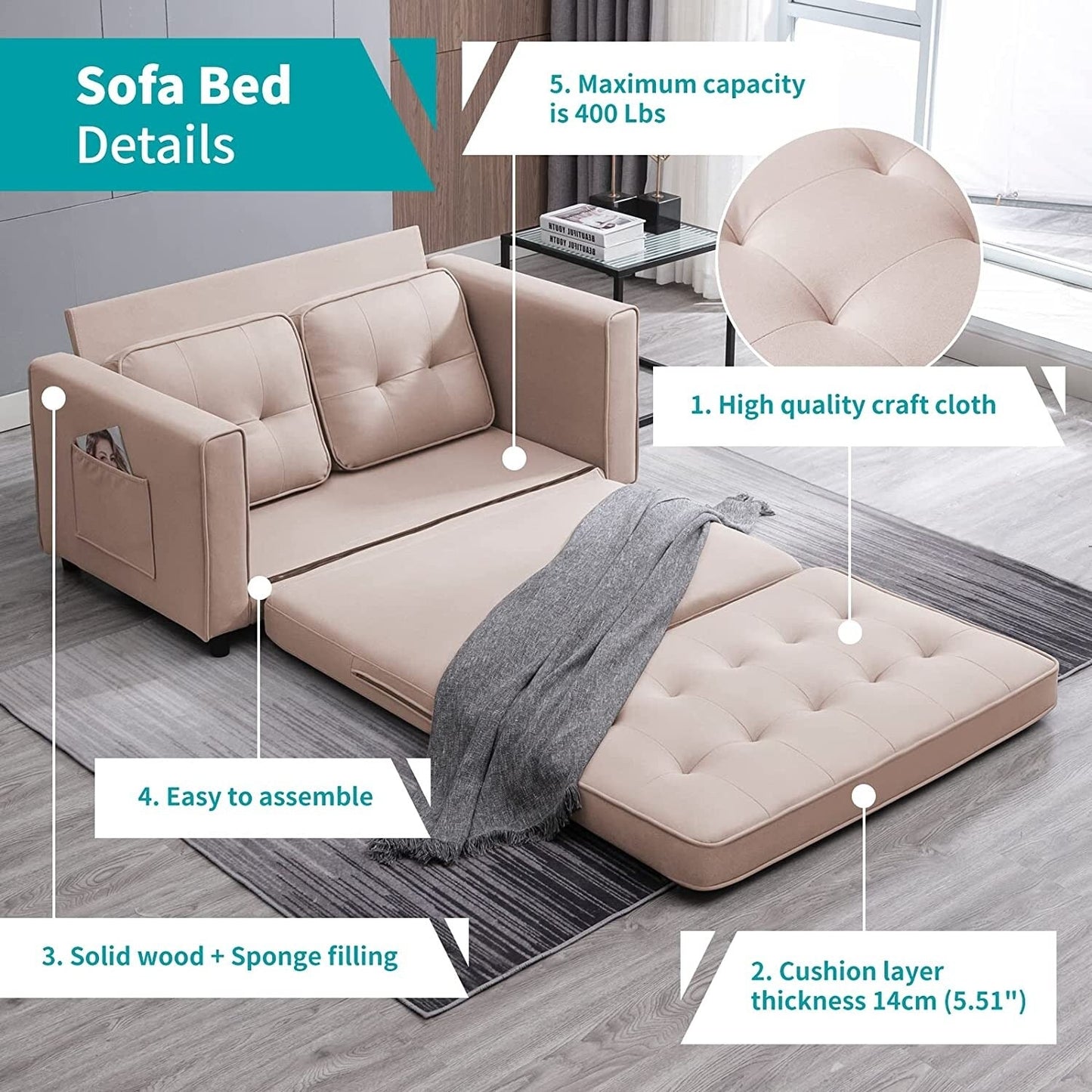 Canapé-lit gigogne 3 en 1 Mixoy moderne avec matelas pliable en trois parties