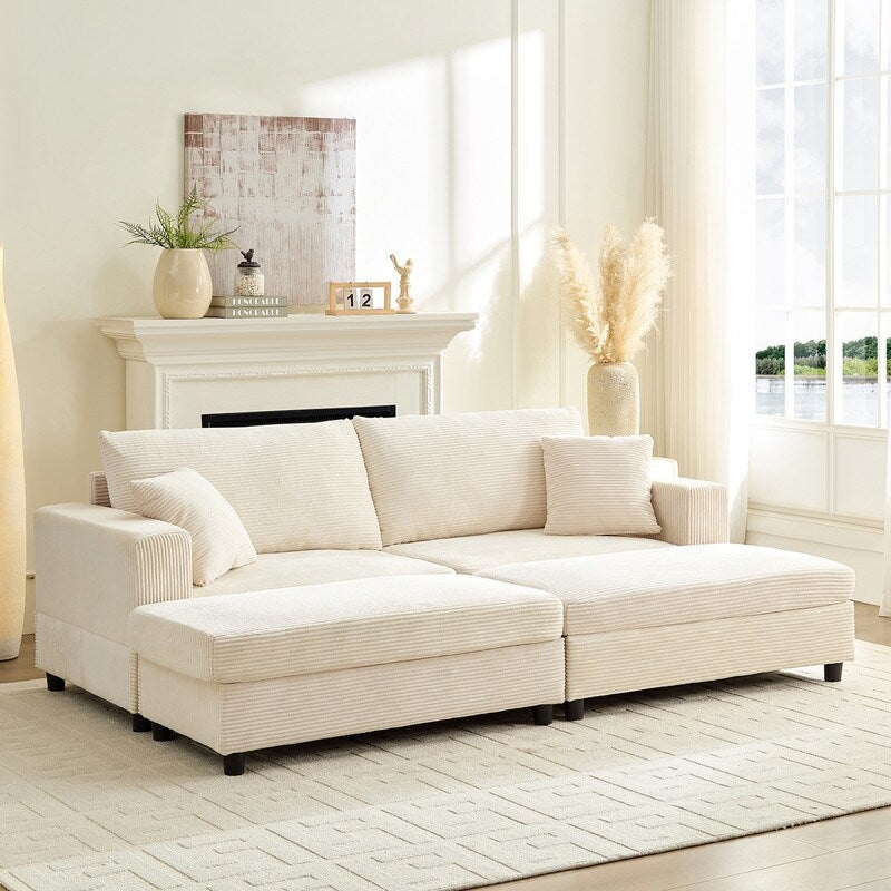 Canapé-lit confortable en velours côtelé Mixoy avec siège profond et pouf de rangement, canapé-lit 1 place/causeuse rembourré