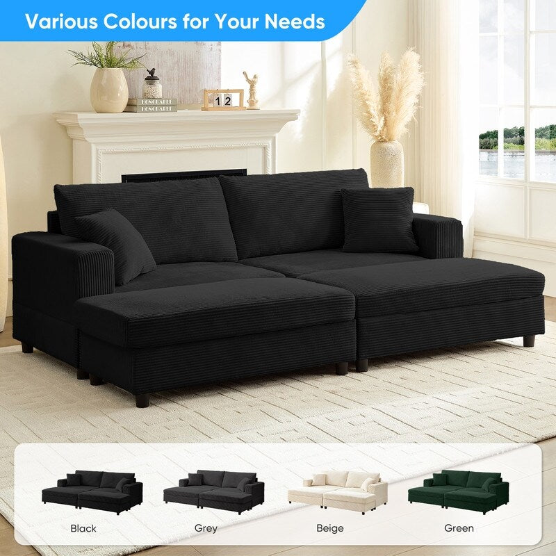 Canapé-lit confortable en velours côtelé Mixoy avec siège profond et pouf de rangement, canapé-lit 1 place/causeuse rembourré