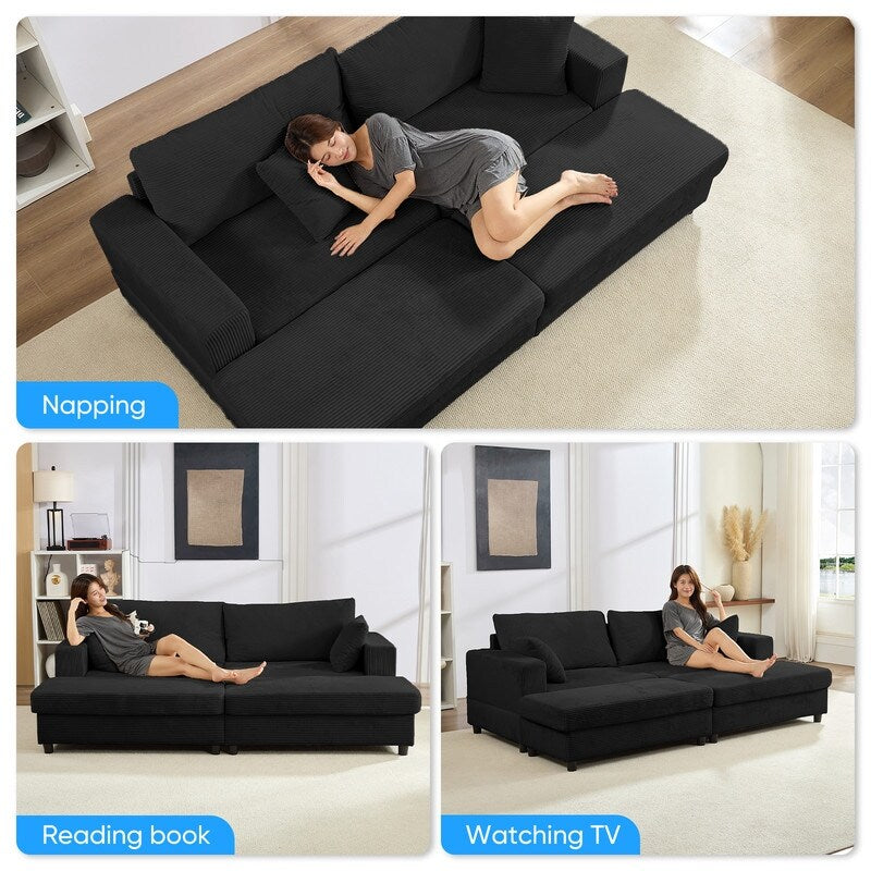 Canapé-lit confortable en velours côtelé Mixoy avec siège profond et pouf de rangement, canapé-lit 1 place/causeuse rembourré