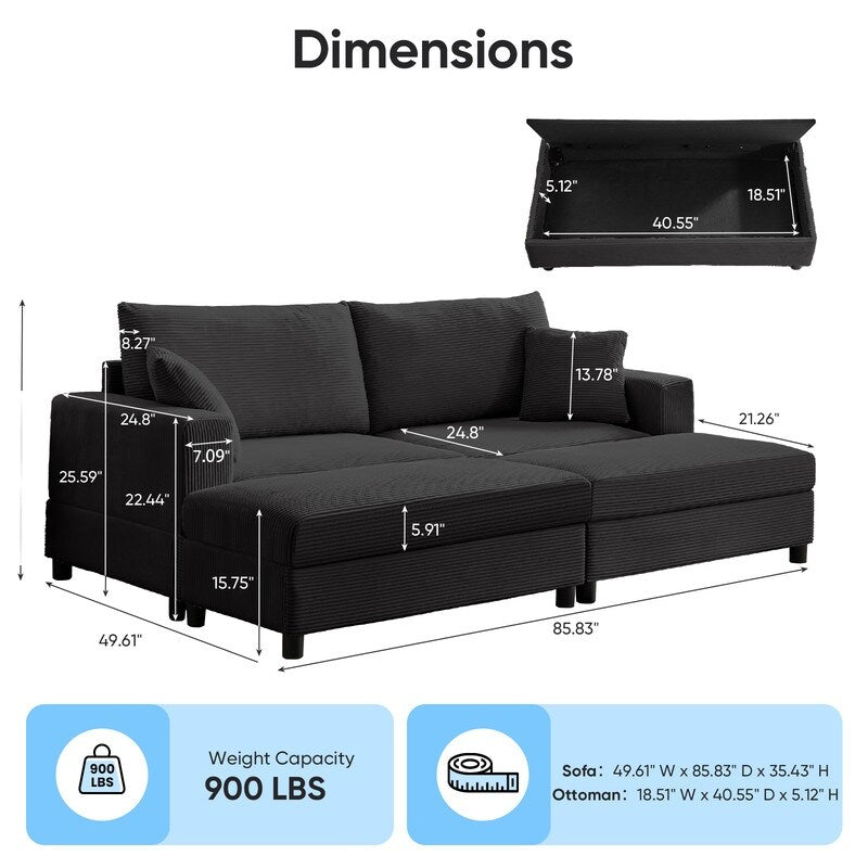 Canapé-lit confortable en velours côtelé Mixoy avec siège profond et pouf de rangement, canapé-lit 1 place/causeuse rembourré