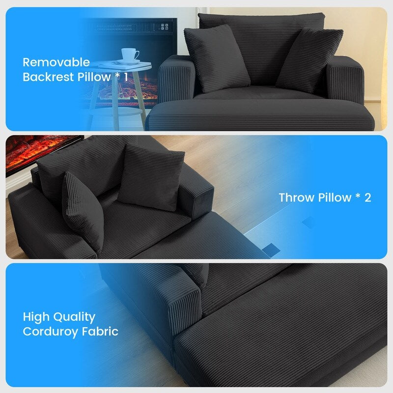 Canapé-lit confortable en velours côtelé Mixoy avec siège profond et pouf de rangement, canapé-lit 1 place/causeuse rembourré