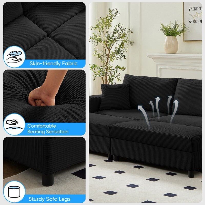 Canapé-lit confortable en velours côtelé Mixoy avec siège profond et pouf de rangement, canapé-lit 1 place/causeuse rembourré