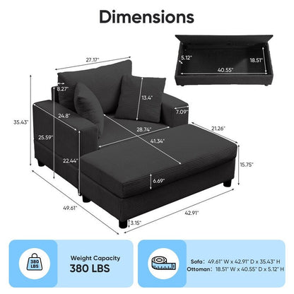 Canapé-lit confortable en velours côtelé Mixoy avec siège profond et pouf de rangement, canapé-lit 1 place/causeuse rembourré